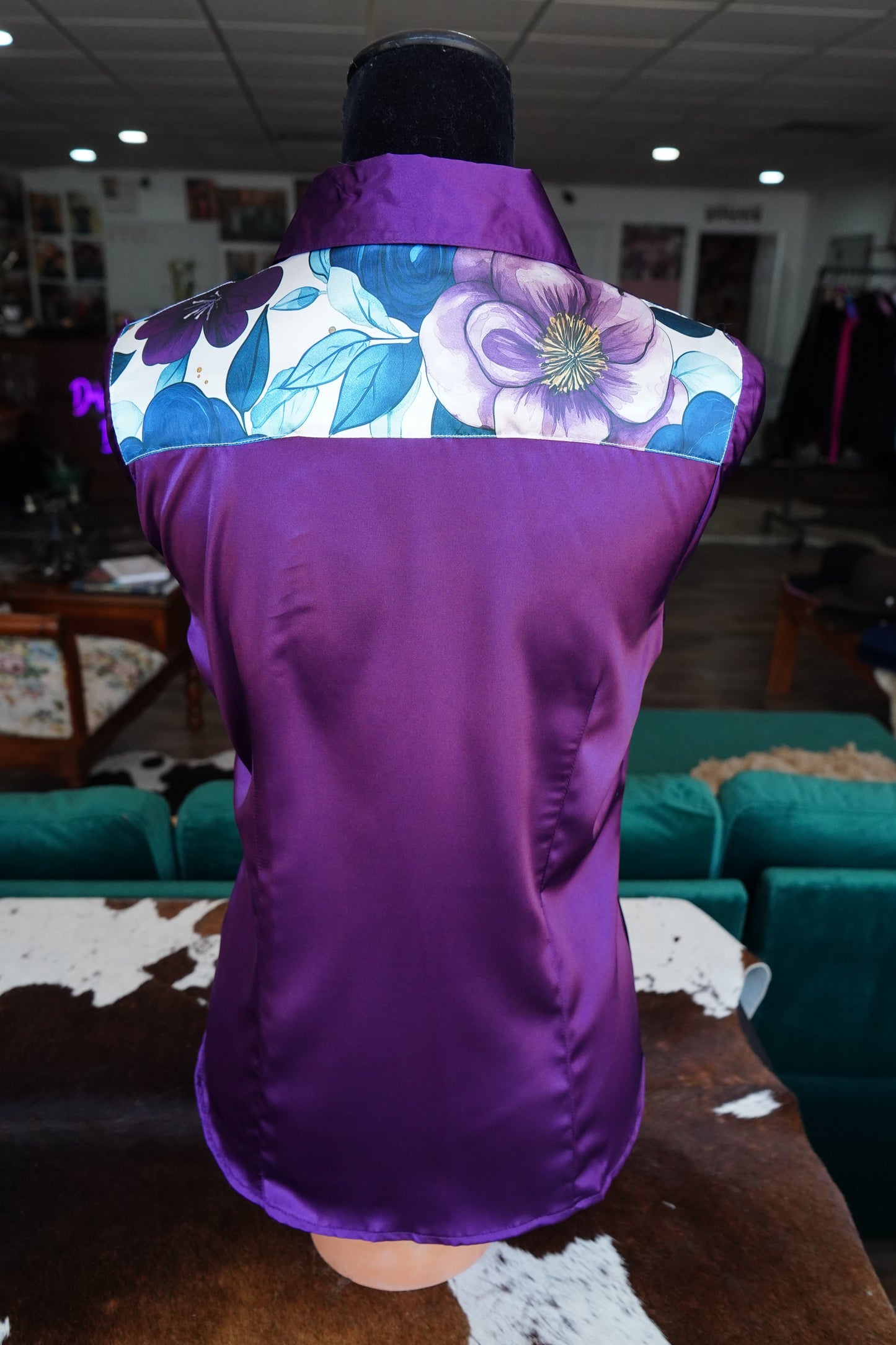 L - Large Purple Flowers on Purple Satin Button Down