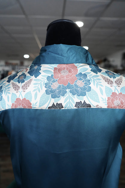 L - Cream & Turquoise Floral on Teal Satin Button Down