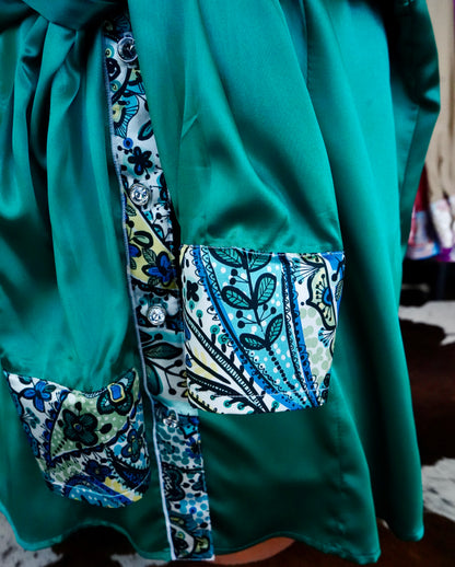 2XL - Emerald Floral Paisley on Emerald Satin Button Down
