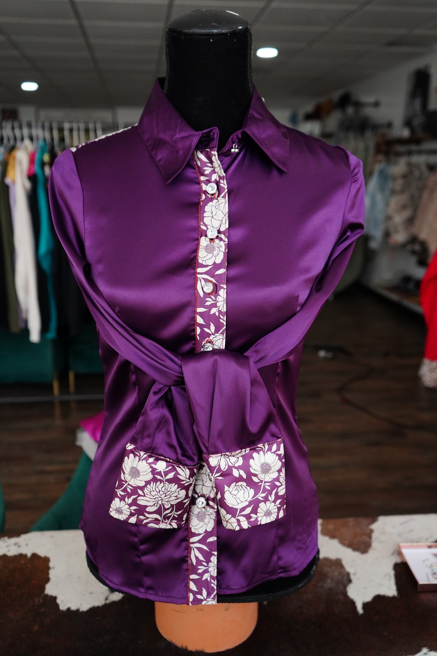 S - Purple & Cream Floral on Purple Satin Button Down