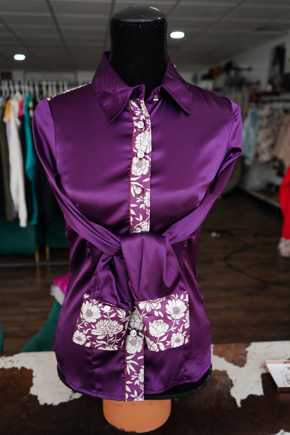 S - Purple & Cream Floral on Purple Satin Button Down