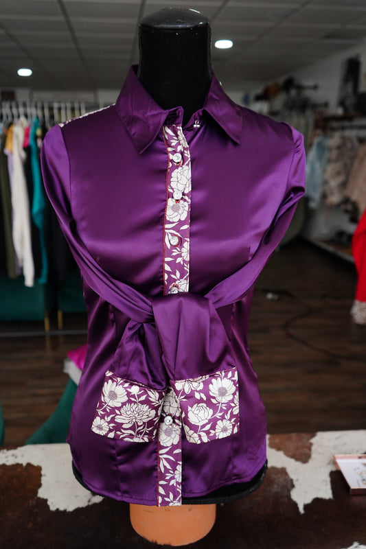 S - Purple & Cream Floral on Purple Satin Button Down