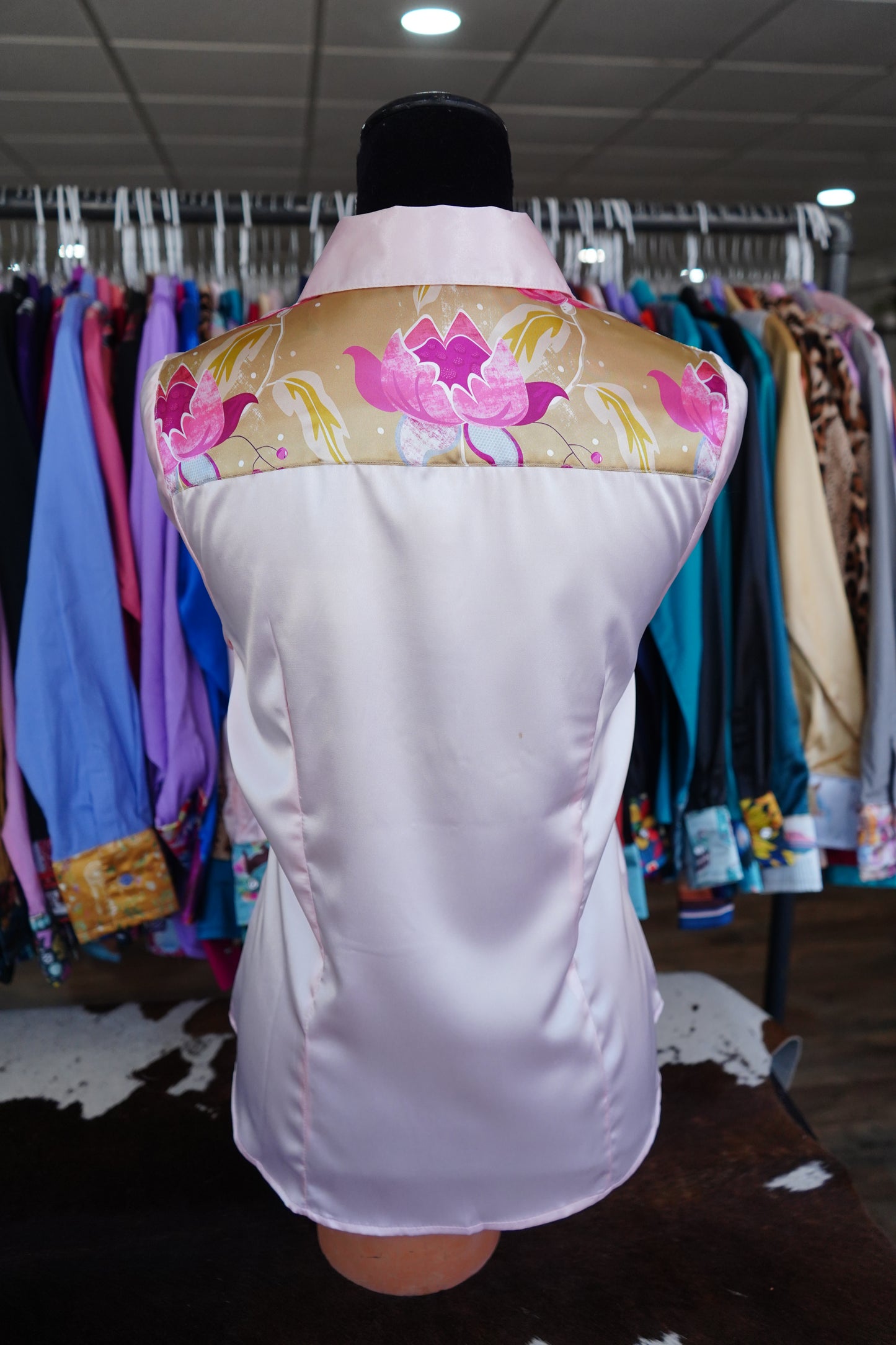 L - Gold & Pink Floral on Light Pink Satin Button Down