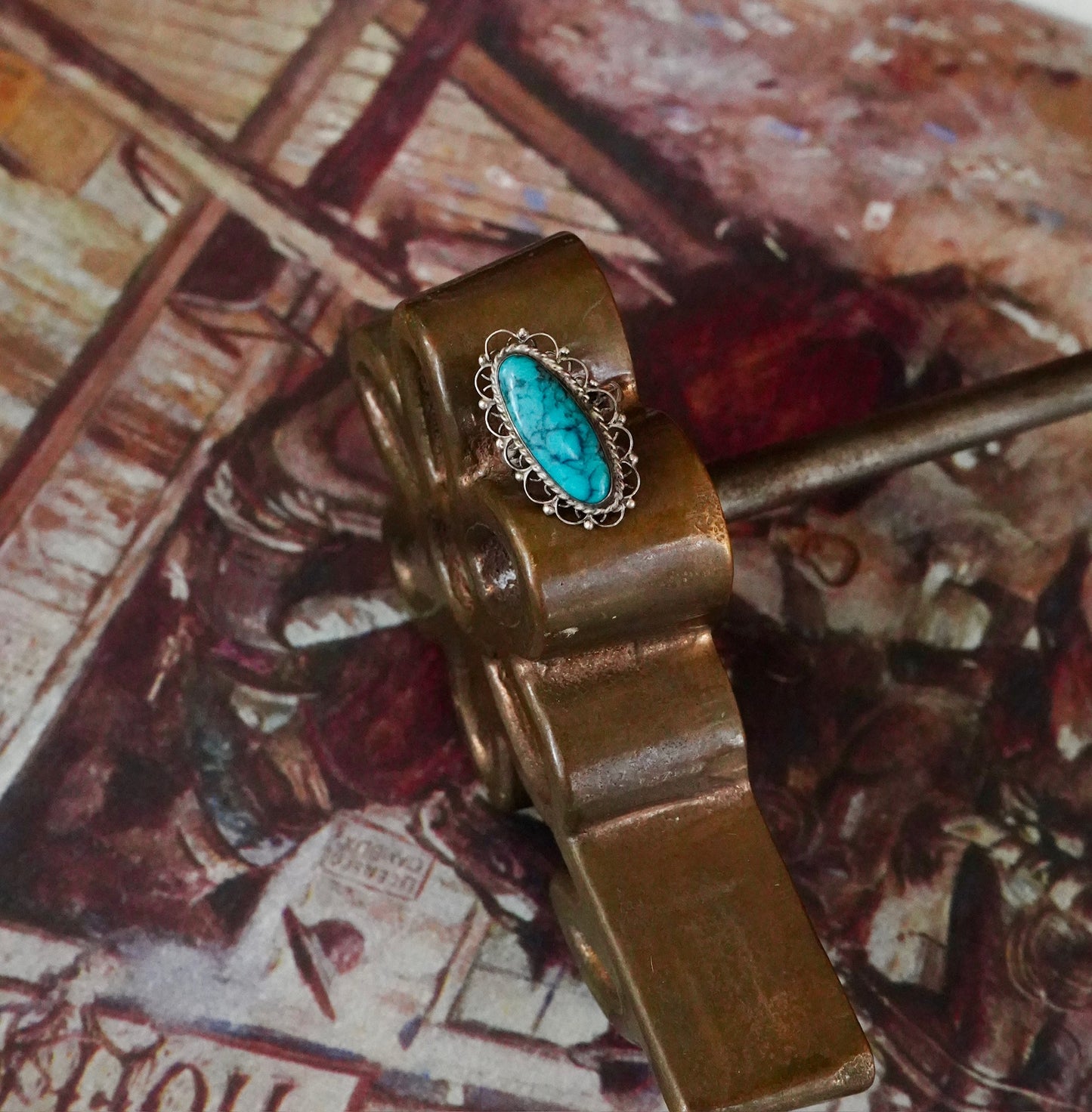 Vintage Turquoise Oval Starburst Ring - Sz 5.5
