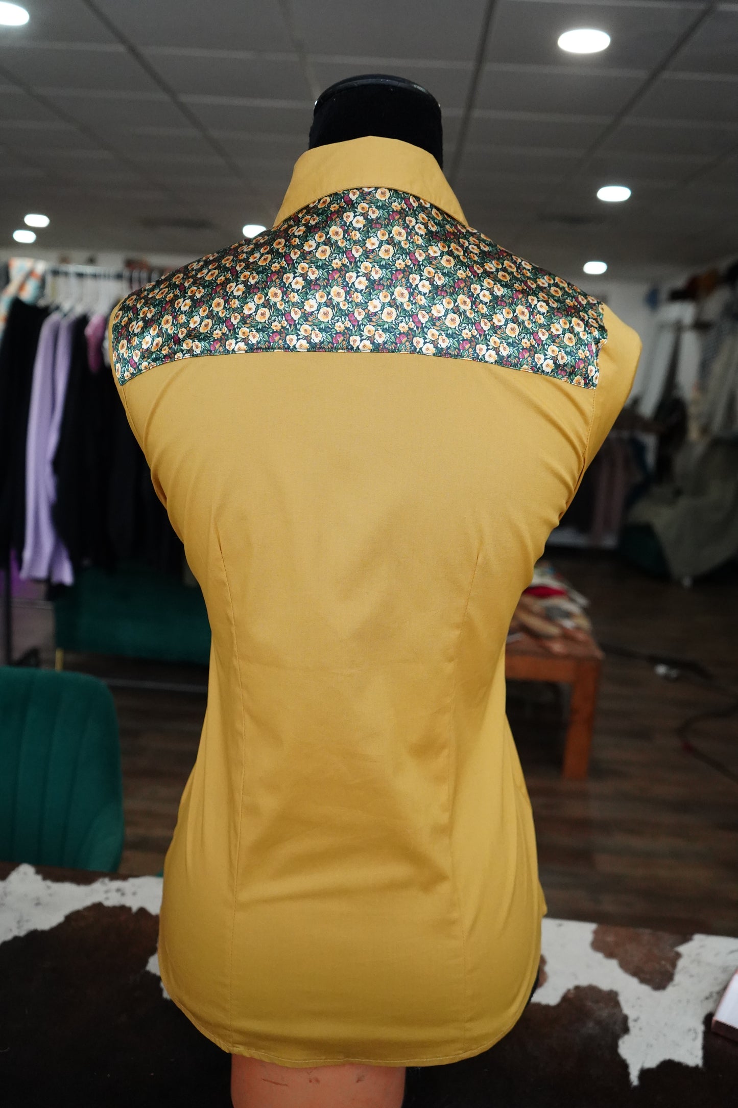 S - Tiny Autumn Floral on Mustard Cotton Button Down