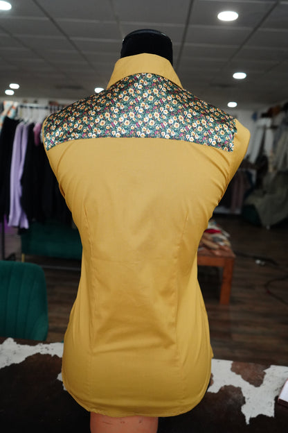 S - Tiny Autumn Floral on Mustard Cotton Button Down