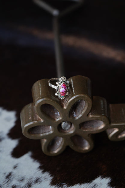 Pink Dahlia w/ Silver Beads Ring - Adj