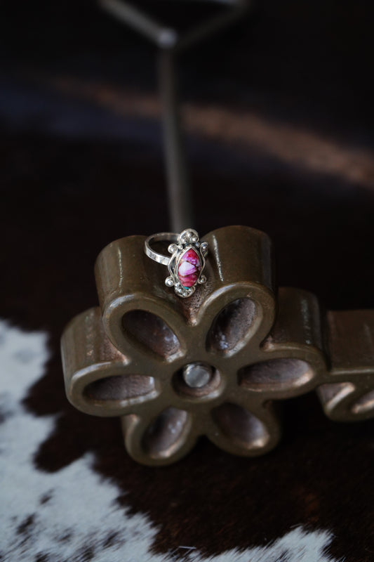 Pink Dahlia w/ Silver Beads Ring - Adj