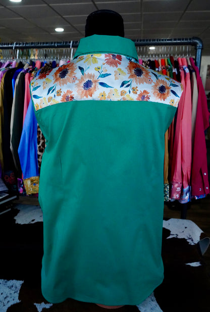 FLAWED - 2XL - Watercolor Sunflowers on Kelly Green Cotton Button Dowm