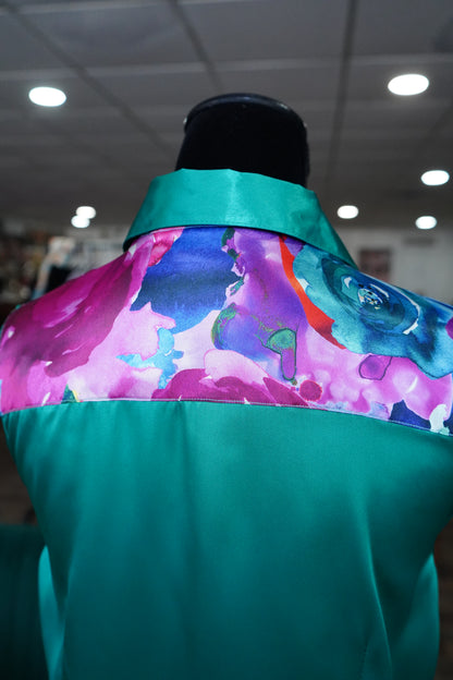 L - Watercolor Floral on Emerald Satin Button Down