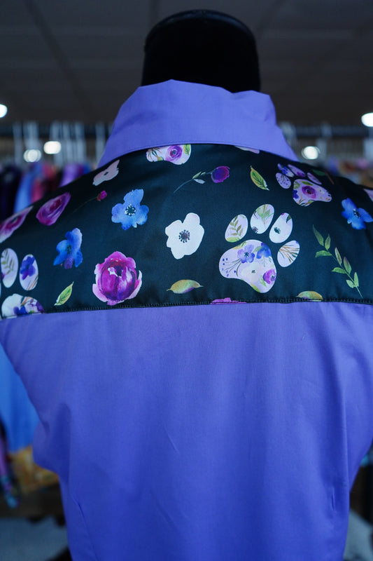 M - Floral Paw Prints on Lavender Cotton Button Down