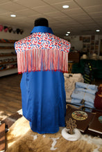 Load image into Gallery viewer, 2XL - Patriotic Butterflies w/ Double Fringe on Blue Satin Button Down