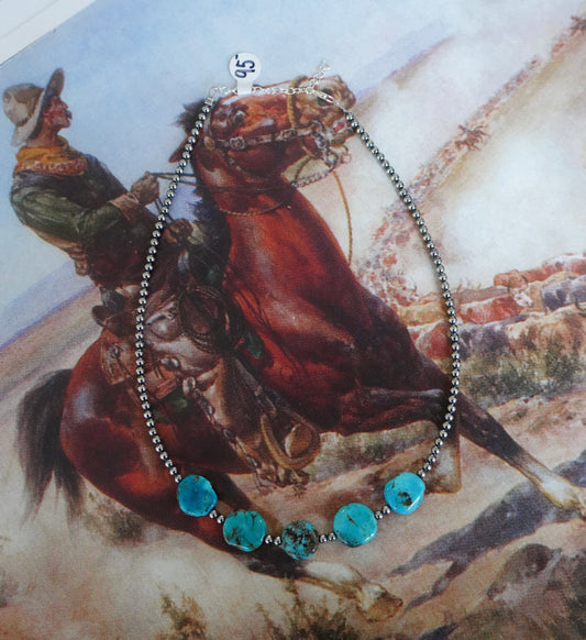 Round 5 Stone Turquoise w/ Sterling Silver Pearls Necklace