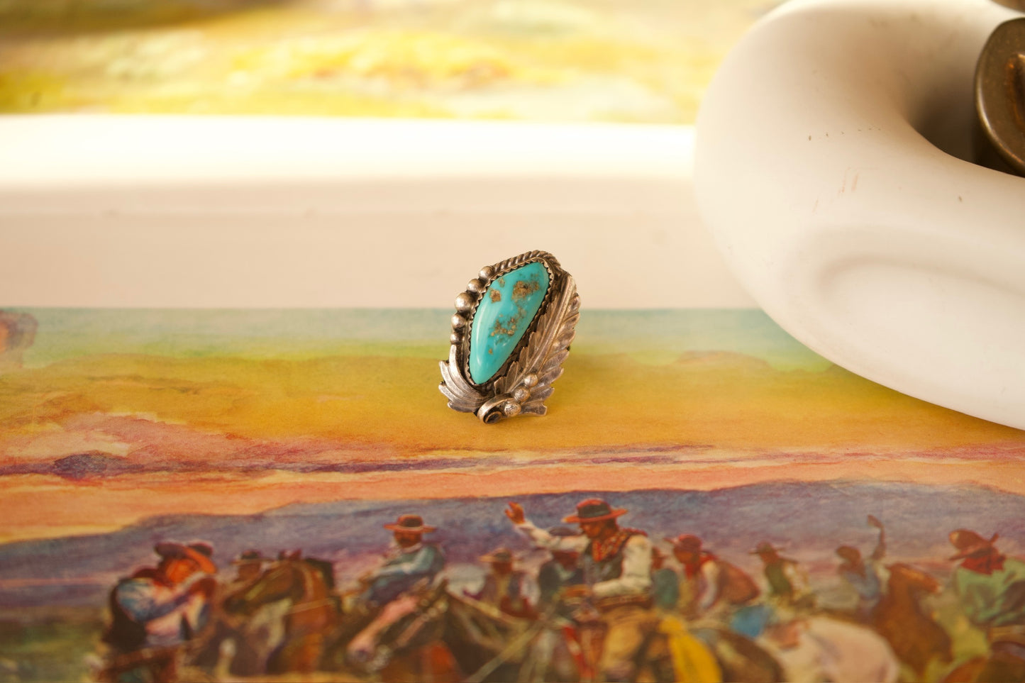 Turquoise & Silver Leaf Vintage Ring Size 5.5