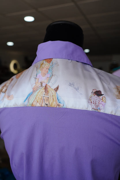 M - Raisin’ Cow Kids on Lavender Cotton Button Down
