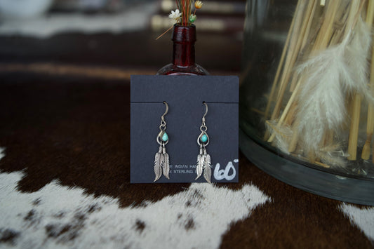 Vintage Fishhook Turquoise Earrings with Feather Dangle