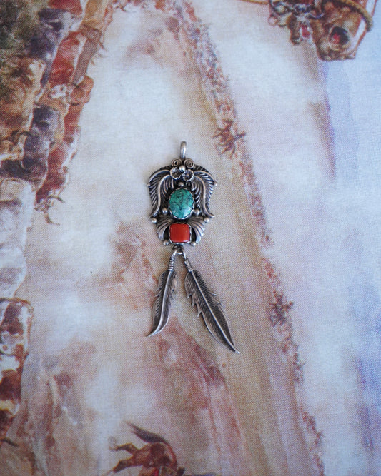 Vintage Turquoise & Red Coral w/ Dangly Feathers Pendant