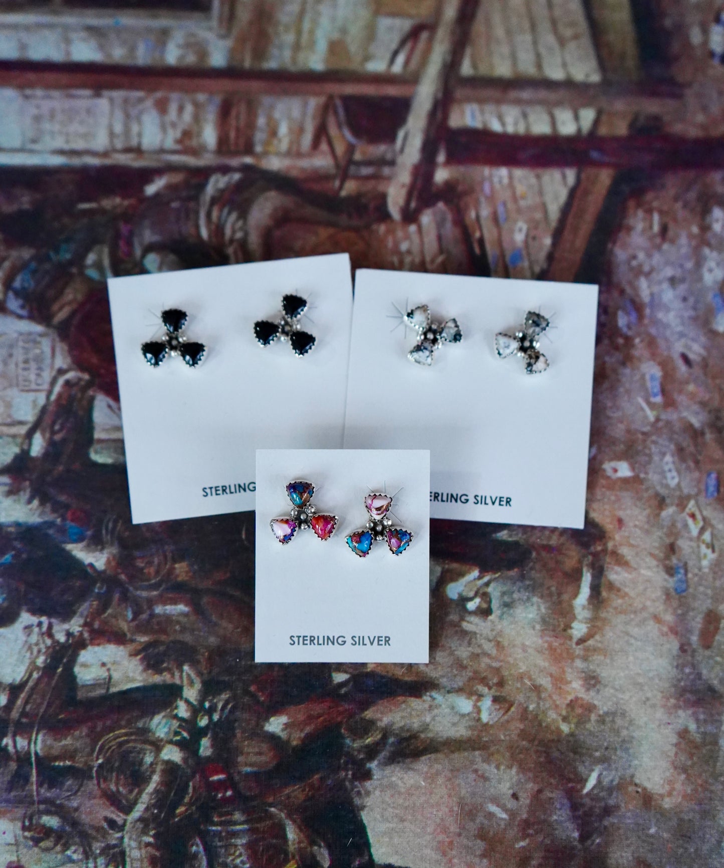3 Stone Pinwheel Stud Earrings