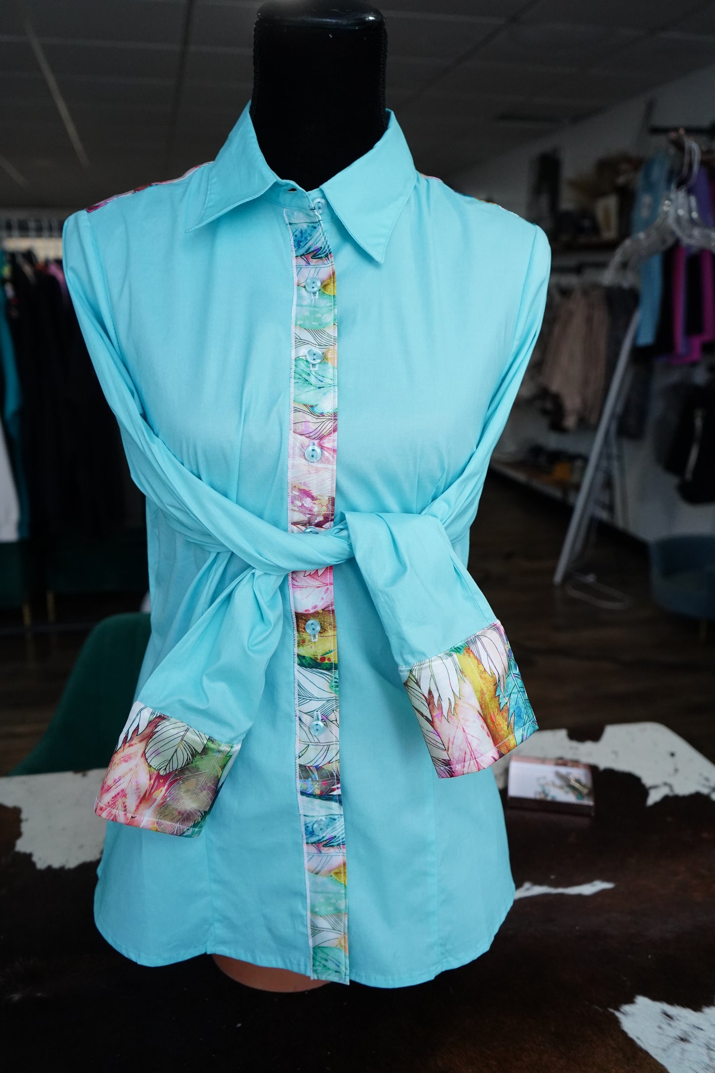 XL - Pink Feathers on Baby Blue Cotton Button Down