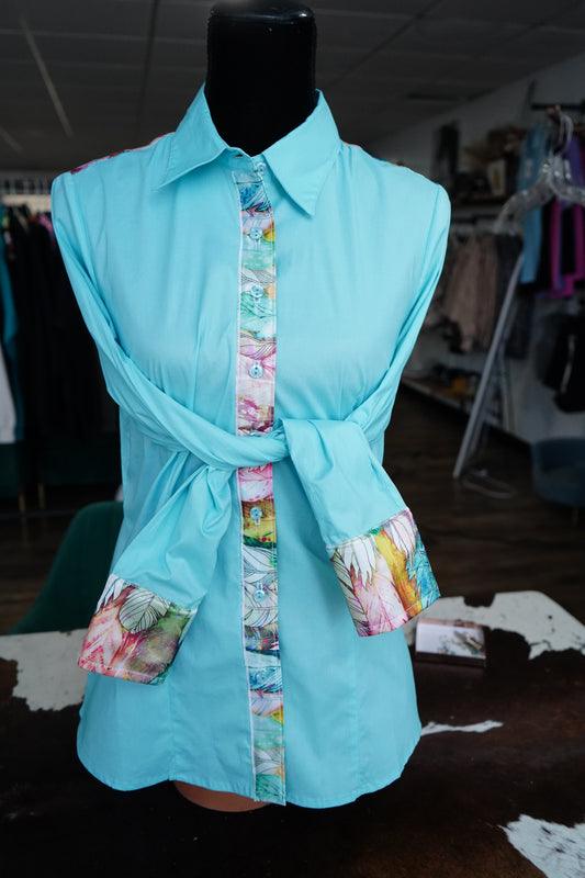 XL - Pink Feathers on Baby Blue Cotton Button Down