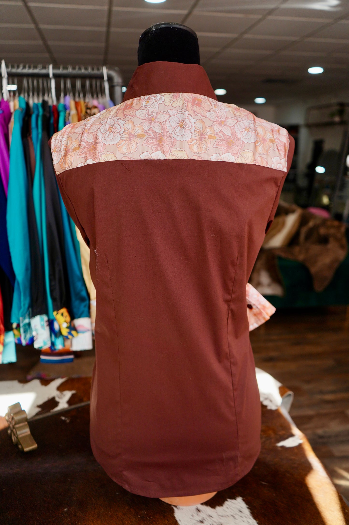 XL - Pastel Hibiscus on Brown Cotton Button Down
