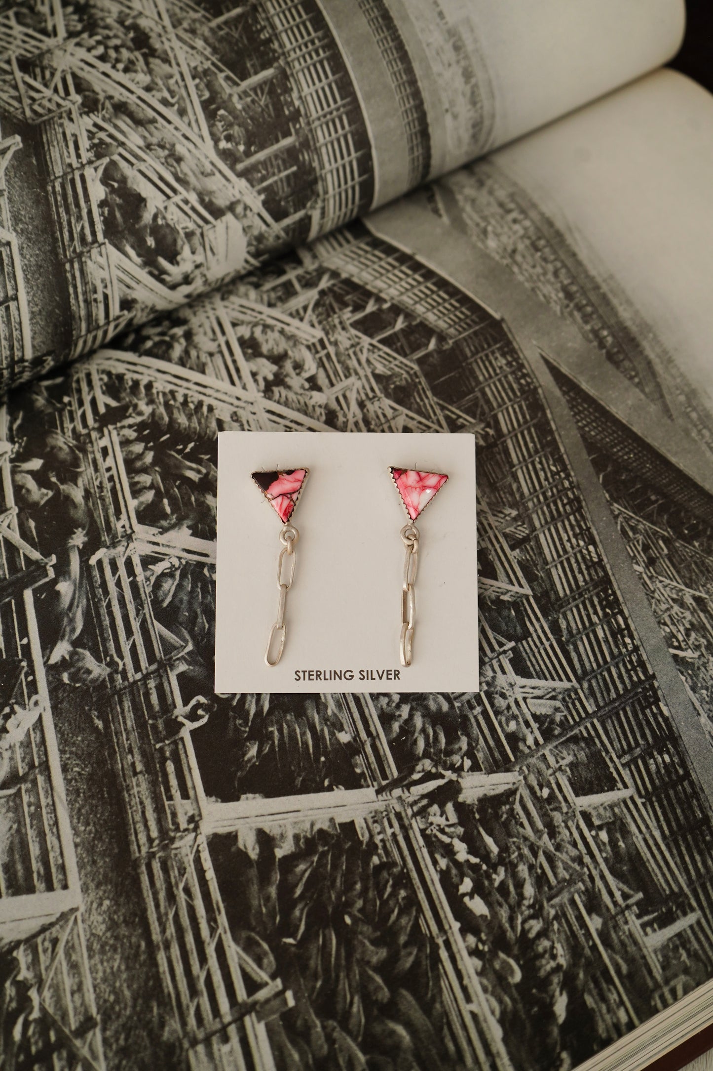 Rose Dahlia Triangle w/ Paperclip Chain Stud Earrings