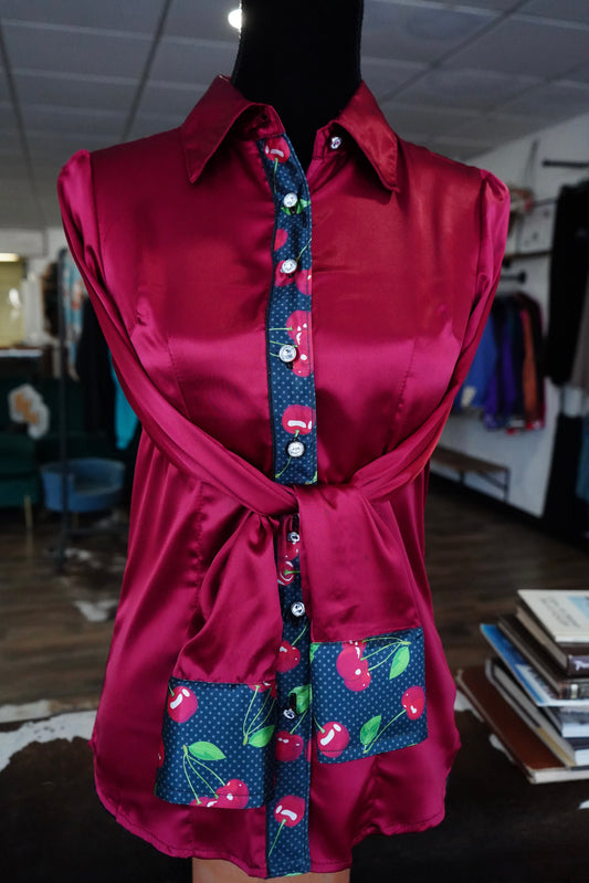S - Polka Dot Cherry on Burgundy Satin Button Down