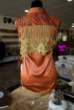 Load image into Gallery viewer, S - Maroon Peacock Waves w/ Gold Floral Fringe on Rust Button Down