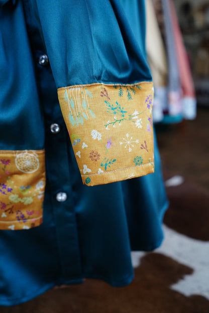 L - Mustard Dreamcatchers on Teal Satin Button Down