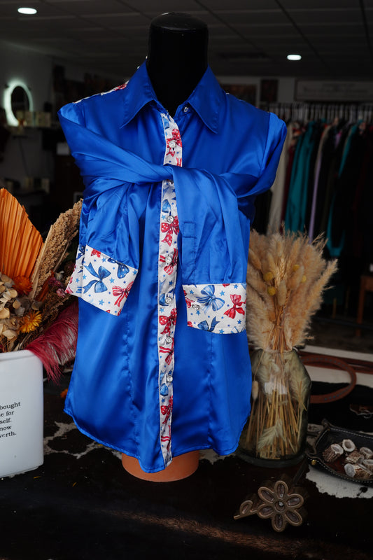 L - Royal Blue w/ Patriotic Bows Button Down