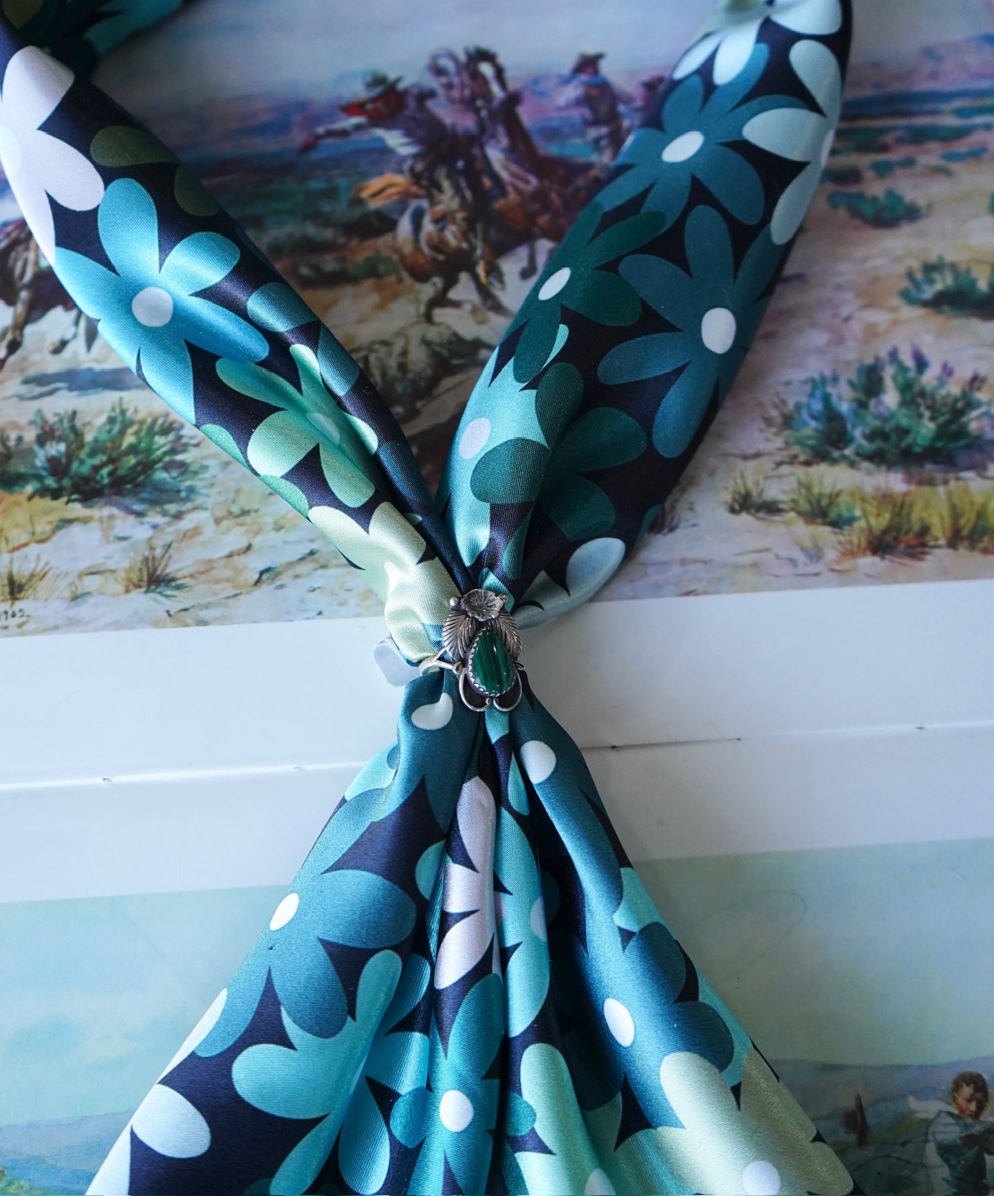 Drawn Green Flowers on Black Wild Rag