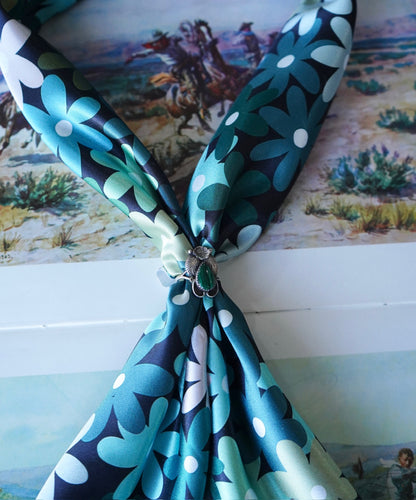 Drawn Green Flowers on Black Wild Rag