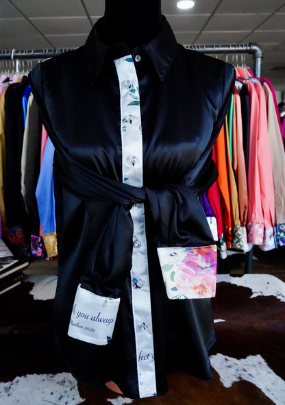 L - White Verses on Black Satin Button Down