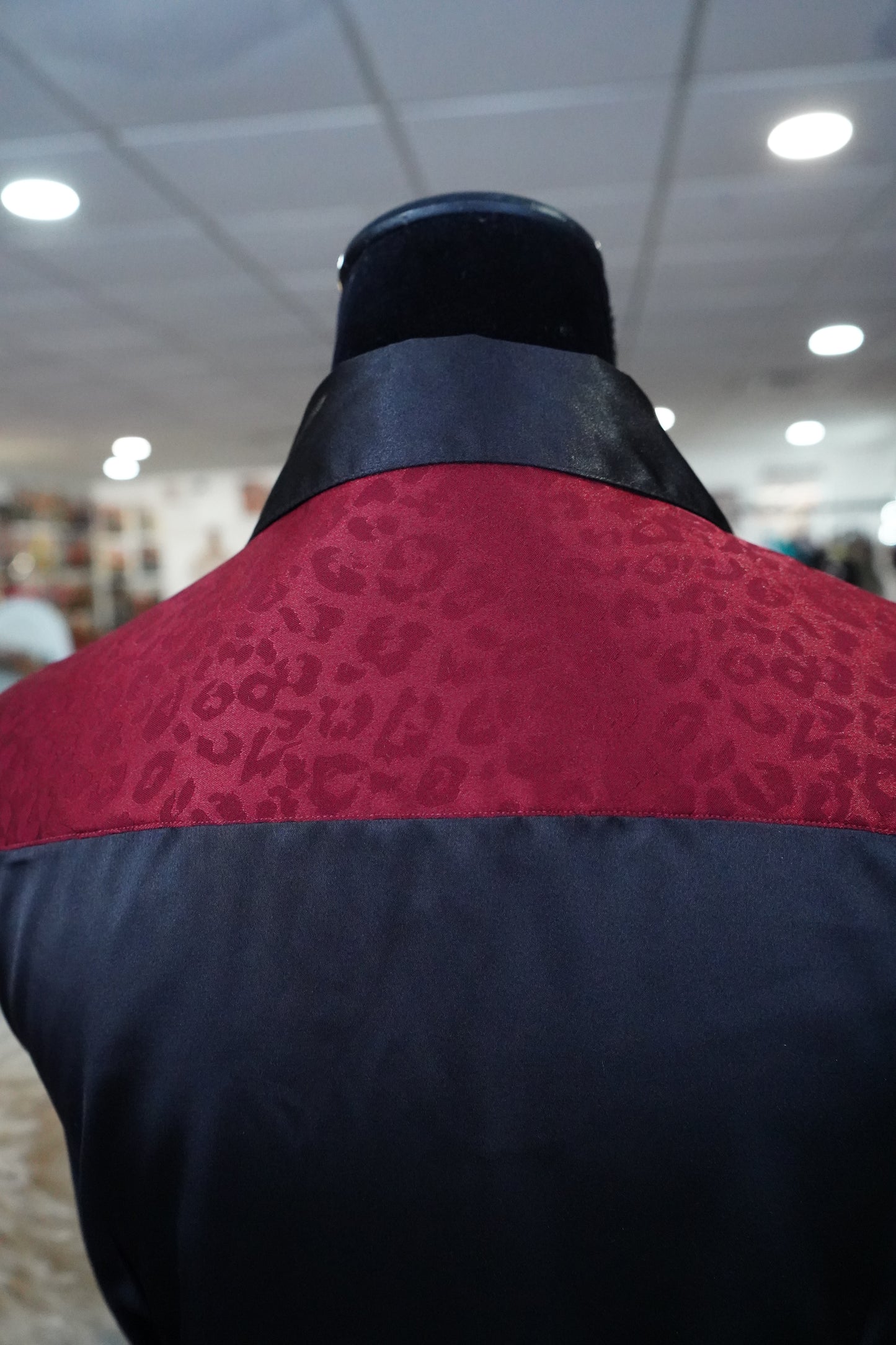 L - Maroon Jacquard Cheetah on Black Satin Button Down