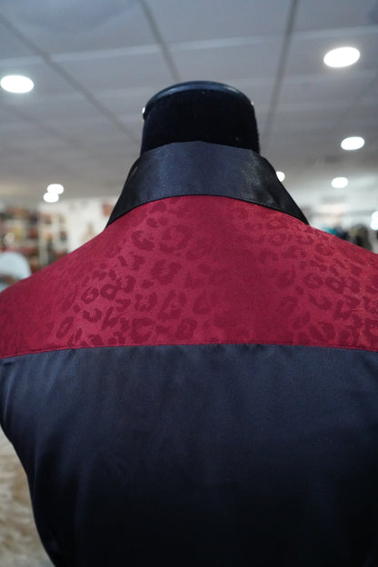 L - Maroon Jacquard Cheetah on Black Satin Button Down