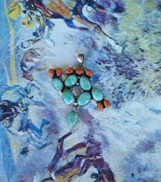 Turquoise & Apple Coral Cactus Pendant