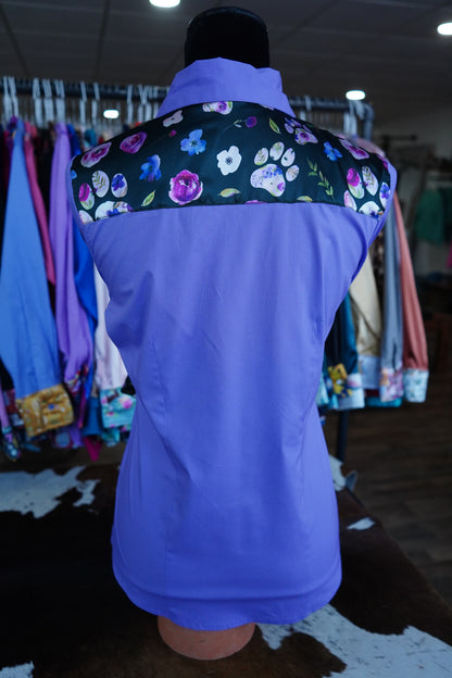 M - Floral Paw Prints on Lavender Cotton Button Down