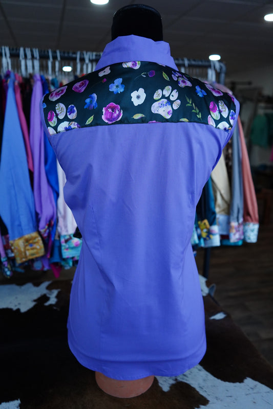 M - Floral Paw Prints on Lavender Cotton Button Down