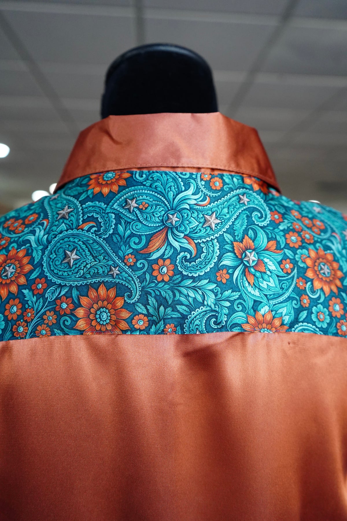 L - Teal & Rust Floral Paisley on Rust Satin Button Down
