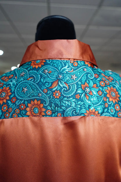 L - Teal & Rust Floral Paisley on Rust Satin Button Down