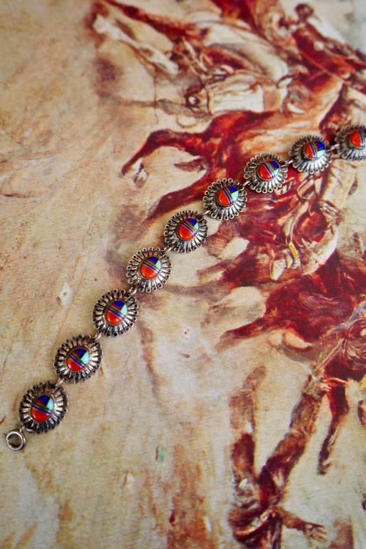 Vintage Multi Stone Inlay Concho Bracelet