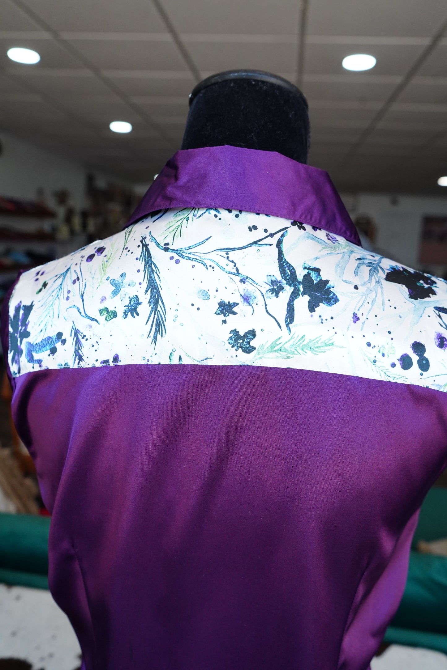 L - Watercolor Purple & Blue Floral on Purple Satin Button Down