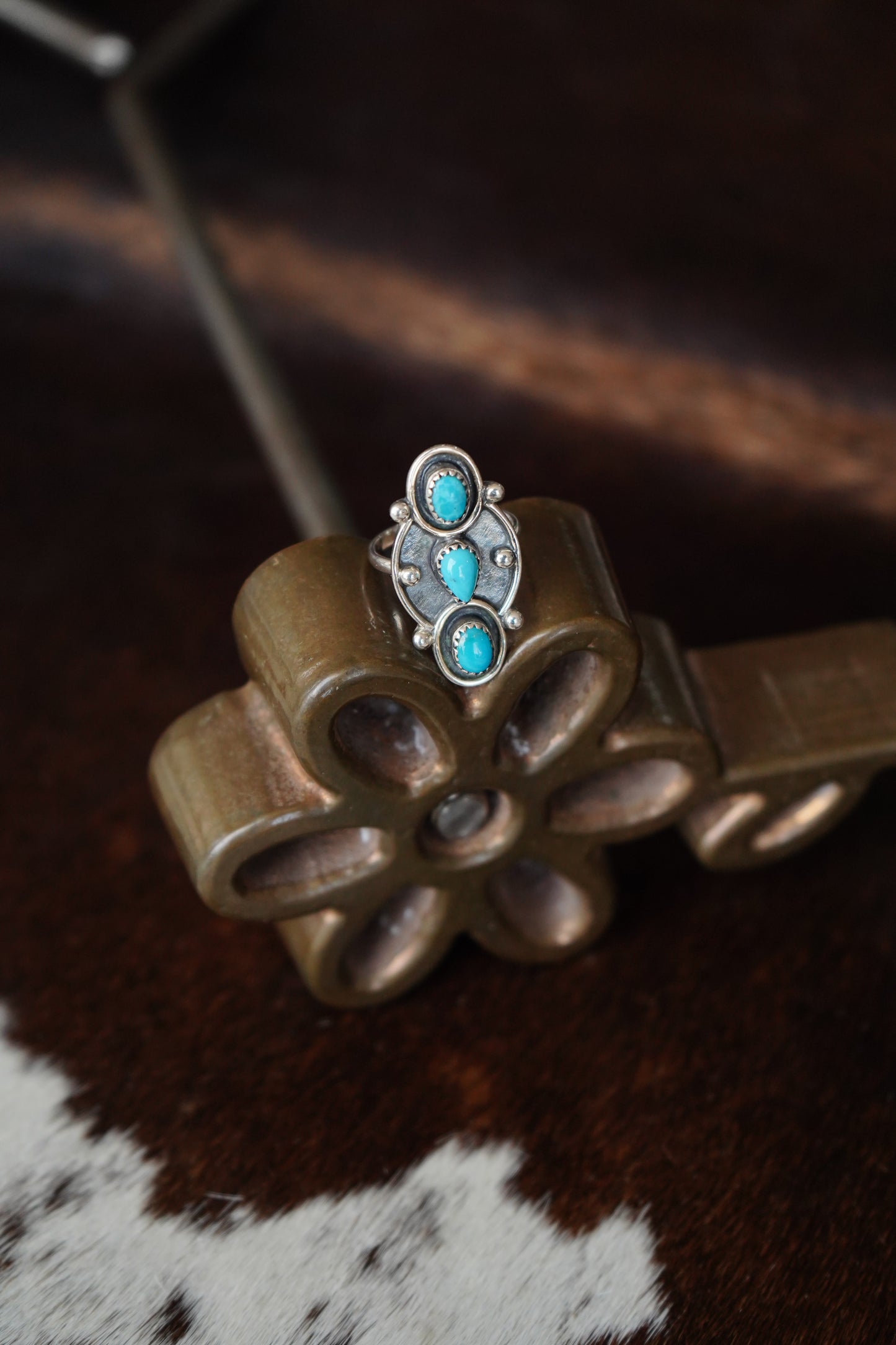 Kingman Turquoise 3 Stone Shadow Box Ring - Sz 10