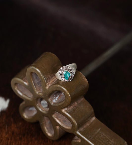 Tall Oval Turquoise w/ Silver Accents Ring - Adj