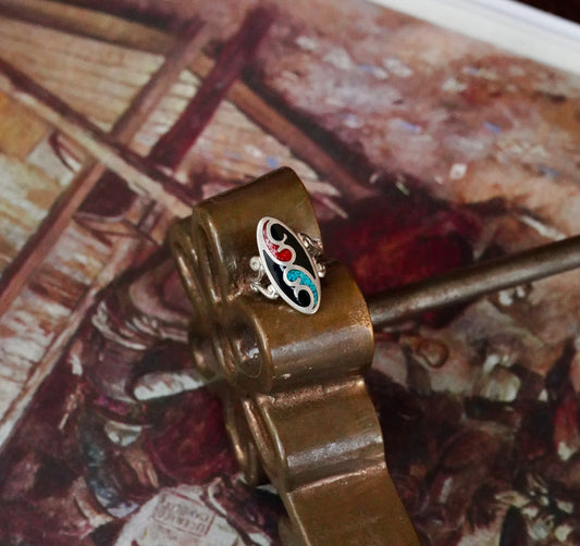 Vintage Black Onyx, Red Coral, & Turquoise Inlay Ring - Sz 5