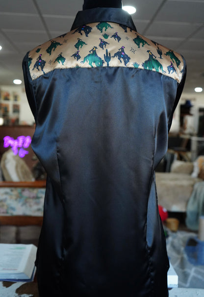 L - Space Cowboys on Black Satin Button Down