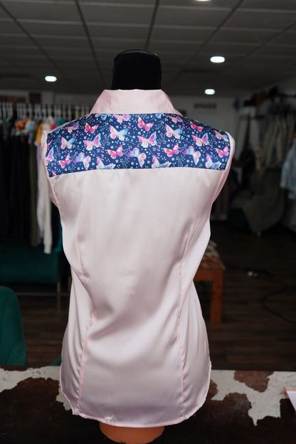 L - Pink Butterflies on Light Pink Satin Button Down