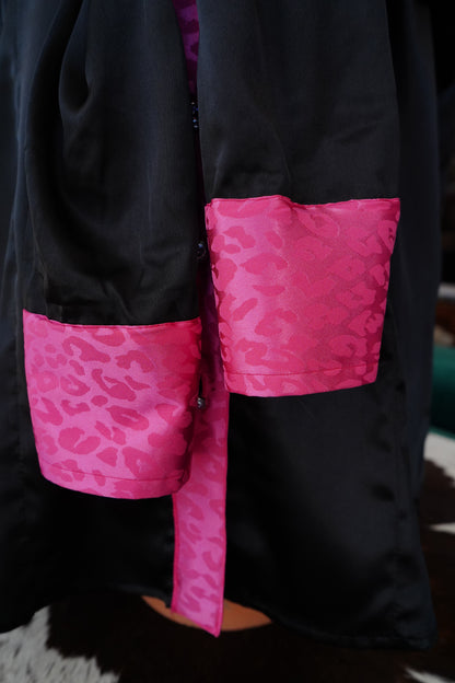 3XL - Pink Cheetah Jacquard on Black Satin Button Down