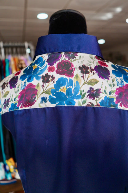 2XL - Navy Plum Floral on Navy Satin Button Down