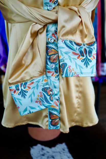L - Caterpillar & Monarchs on Gold Satin Button Down